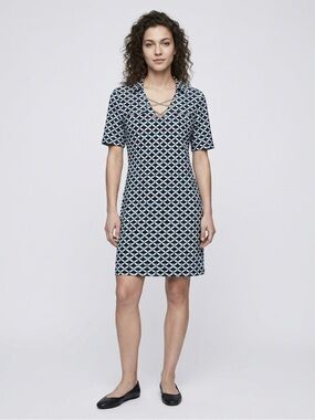 White House Black Market Navy and White Geometric V-Neck Short Sleeve Dress
